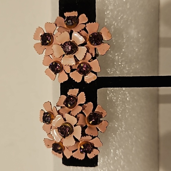 Vintage Pink Enamel & Purple Rhinstone Screw On Earrings - Picture 1 of 7